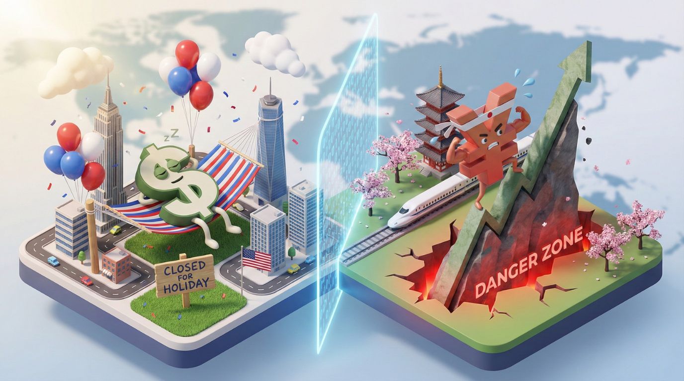 Grafika rynkowa 3D Śpiący dolar symbolizuje święto w USA, a walczący jen ucieczkę przed recesją w Japonii