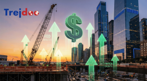 Ilustracja wzrostu finansowego budowa, zielone strzałki, dolar i logo Trejdoo.com