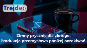 Smartphone z rosnącymi wykresami finansowymi na biurku w nowoczesnym biurze z widokiem na nocną panoramę miasta, reprezentujący markę Trejdoo.
