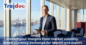 A smiling entrepreneur with a tablet against the backdrop of a sunny port, managing company finances and optimizing online currency exchange thanks to Trejdoo.