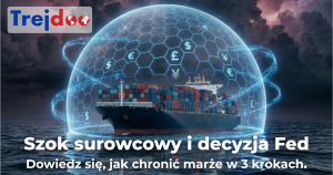 Statek kontenerowy na wzburzonym morzu, chroniony przez cyfrową tarczę z symbolami walut. Napis: Szok surowcowy i decyzja Fed. Dowiedz się, jak chronić marże w 3 krokach - Trejdoo