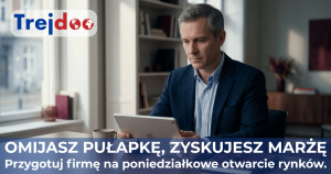 Skupiony dyrektor finansowy (CFO) analizujący na tablecie wykres giełdowy z widocznym spadkiem kursu dolara
