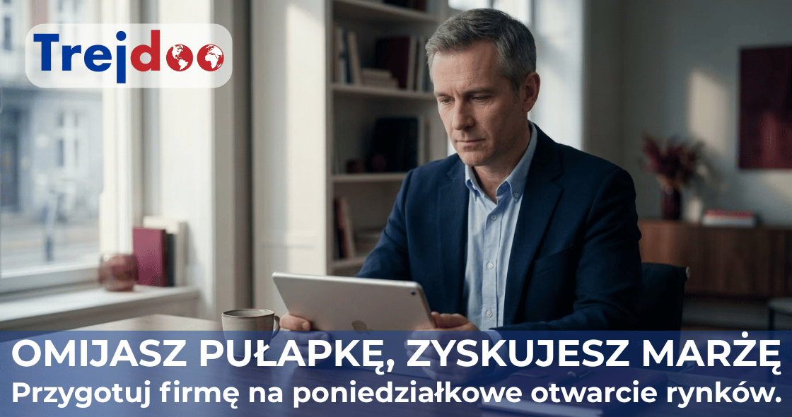 Skupiony dyrektor finansowy (CFO) analizujący na tablecie wykres giełdowy z widocznym spadkiem kursu dolara