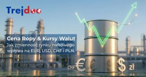 Grafika finansowa z tekstem: Cena Ropy i Kursy Walut - wpływ zmienności rynku naftowego na EUR, USD, CHF i PLN. Na zdjęciu stalowa beczka, wykres giełdowy i symbole walut na tle rafinerii.