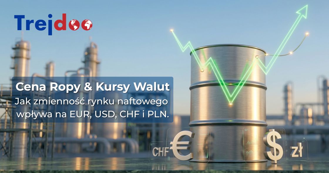 Grafika finansowa z tekstem: Cena Ropy i Kursy Walut - wpływ zmienności rynku naftowego na EUR, USD, CHF i PLN. Na zdjęciu stalowa beczka, wykres giełdowy i symbole walut na tle rafinerii.