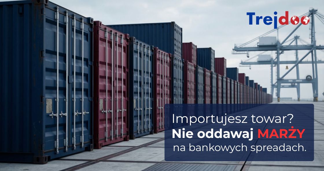 Logistyka portowa i transport kontenerów – wizualizacja ochrony marży handlowej przed spreadami bankowymi na platformie Trejdoo.