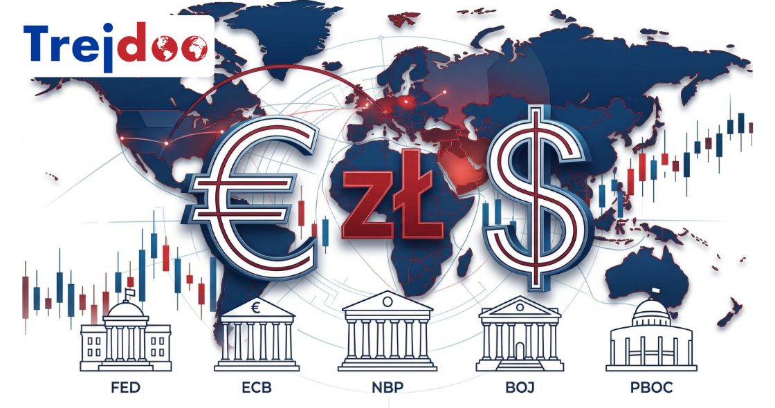 Cztery monumentalne filary symbolizujące waluty USD EUR GBP CHF stojące stabilnie w trakcie burzy i szoku naftoweg
