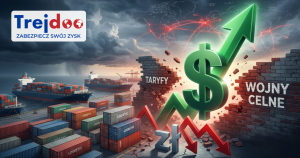 Wznoszący się symbol dolara przebija mur z napisami "Taryfy" i "Wojny Celne" nad słabnącym złotym w porcie kontenerowym – zabezpiecz swój zysk w Trejdoo