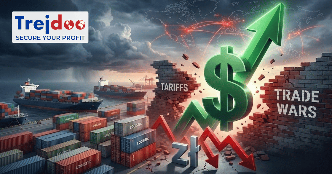 Surging dollar symbol smashes through "Tariffs" and "Trade Wars" wall over weakening Zloty in container port – Trejdoo Graphic - Secure Your Profits