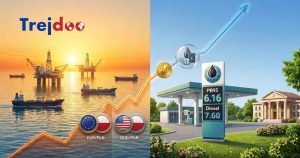 Infografika Trejdoo przedstawiająca wpływ geopolityki na inflację wywołaną wojną. Lewy panel pokazuje tankowce i cenę ropy Brent 107,64 USD/bbl. Prawy ilustruje polską stację paliw (PB 6,16 zł/l, ON 7,60 zł/l) oraz obniżkę VAT. Środkiem biegnie dynamiczna linia kursu walutowego z ikonami EUR/PLN, USD/PLN, złota i ropy.