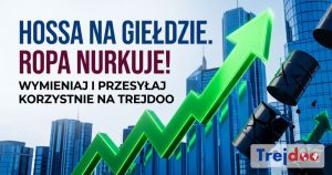 Rosnąca zielona strzała i pękające baryłki ropy na tle szklanych wieżowców determinujące kurs dolara.