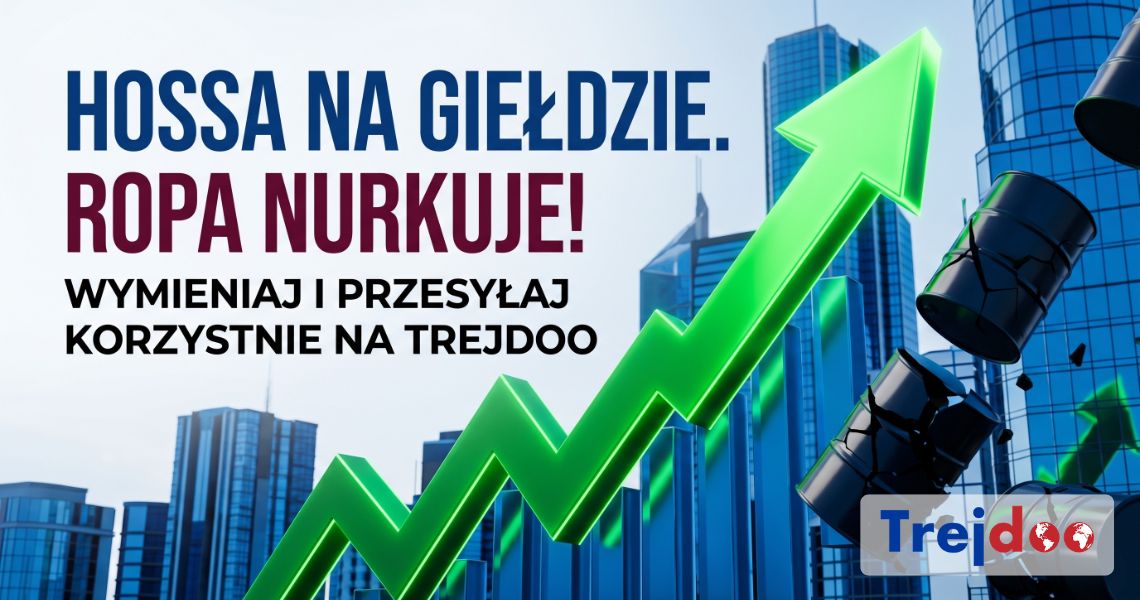 Rosnąca zielona strzała i pękające baryłki ropy na tle szklanych wieżowców determinujące kurs dolara.