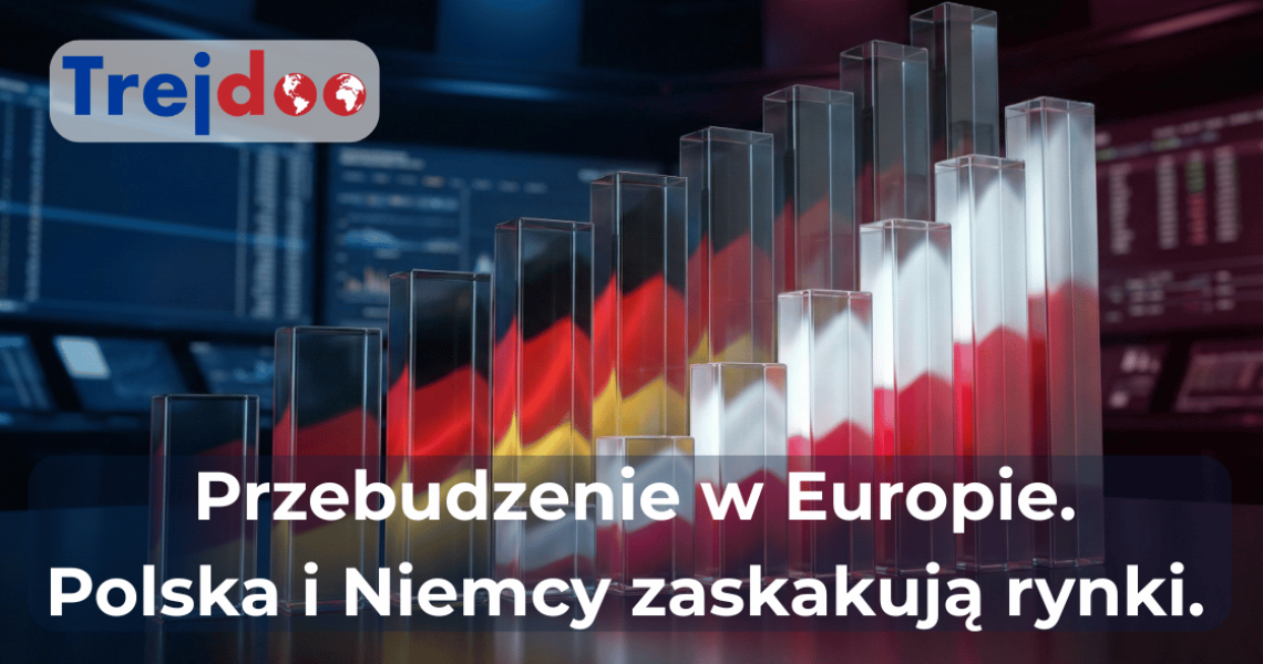 Abstrakcyjne szklane wykresy w barwach Polski i Niemiec symbolizujące wzrost gospodarczy i korzystne kursy na platformie Trejdoo. (1120 x 590 px)
