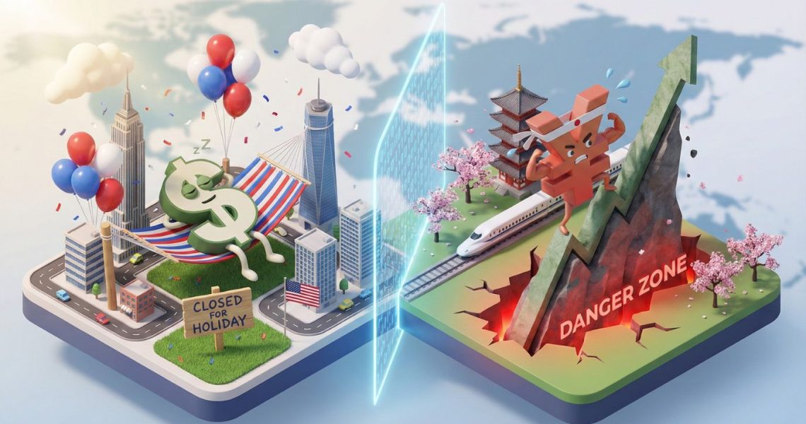 Grafika rynkowa 3D Śpiący dolar symbolizuje święto w USA, a walczący jen ucieczkę przed recesją w Japonii