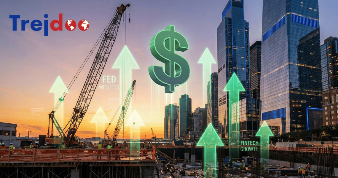 Ilustracja wzrostu finansowego budowa, zielone strzałki, dolar i logo Trejdoo.com