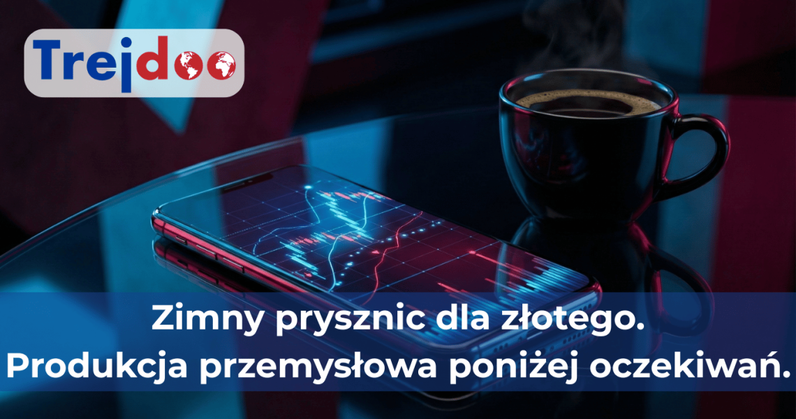 Smartphone z rosnącymi wykresami finansowymi na biurku w nowoczesnym biurze z widokiem na nocną panoramę miasta, reprezentujący markę Trejdoo.