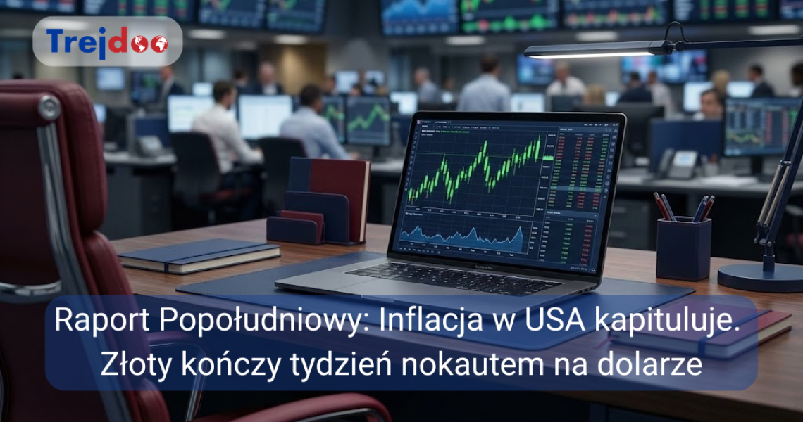 Wykresy walutowe na laptopie z logo Trejdoo, w tle dane o inflacji z USA