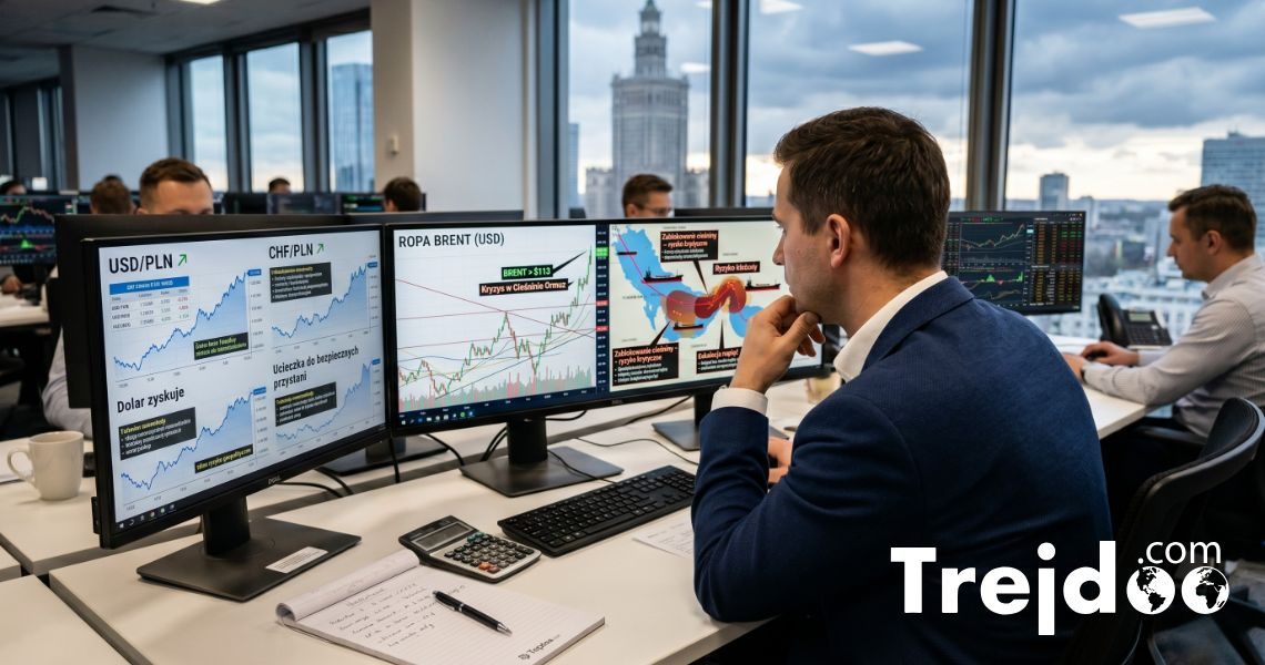 Dealer walutowy analizujący kurs dolara wpływ ropy naftowej w biurze.