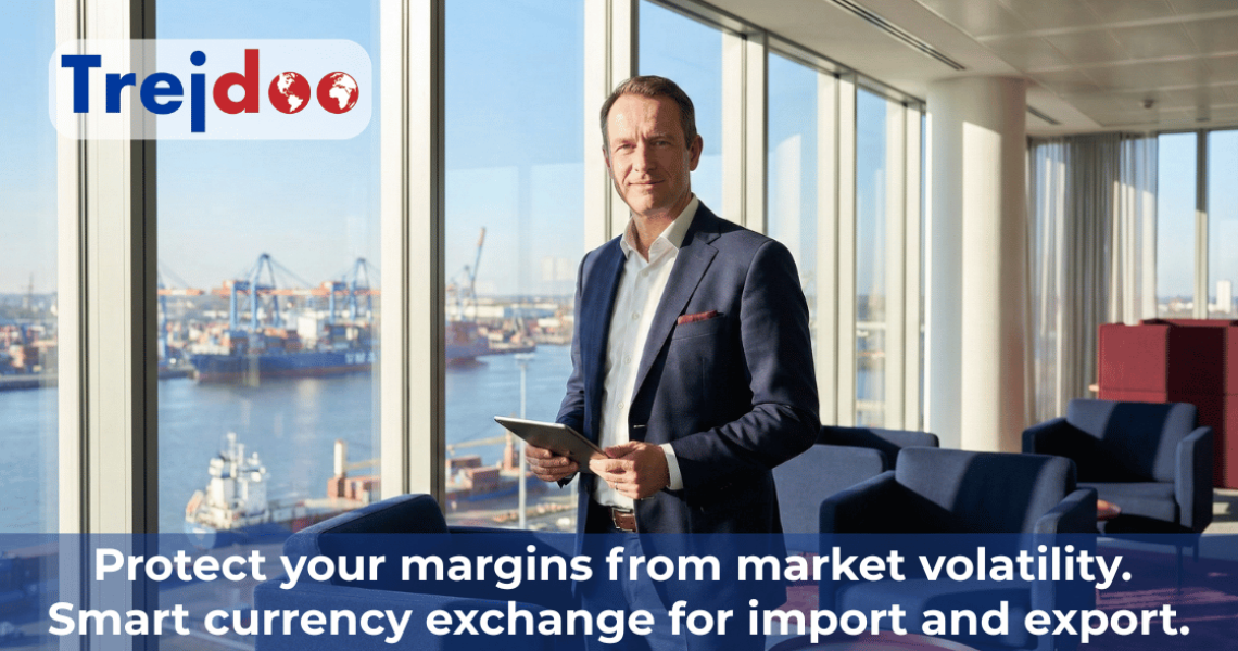 A smiling entrepreneur with a tablet against the backdrop of a sunny port, managing company finances and optimizing online currency exchange thanks to Trejdoo.