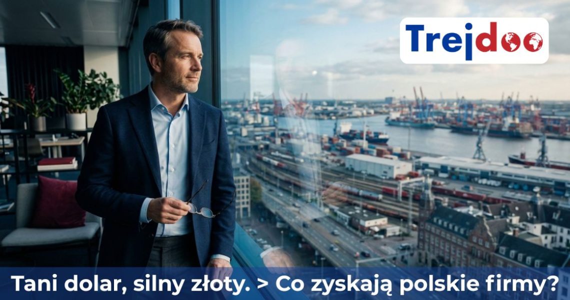 Dyrektor finansowy patrzy przez okno na port przeładunkowy. Grafika Trejdoo z napisem: Tani dolar, silny złoty. Co zyskają polskie firmy? Opłacalna wymiana walut dla biznesu.
